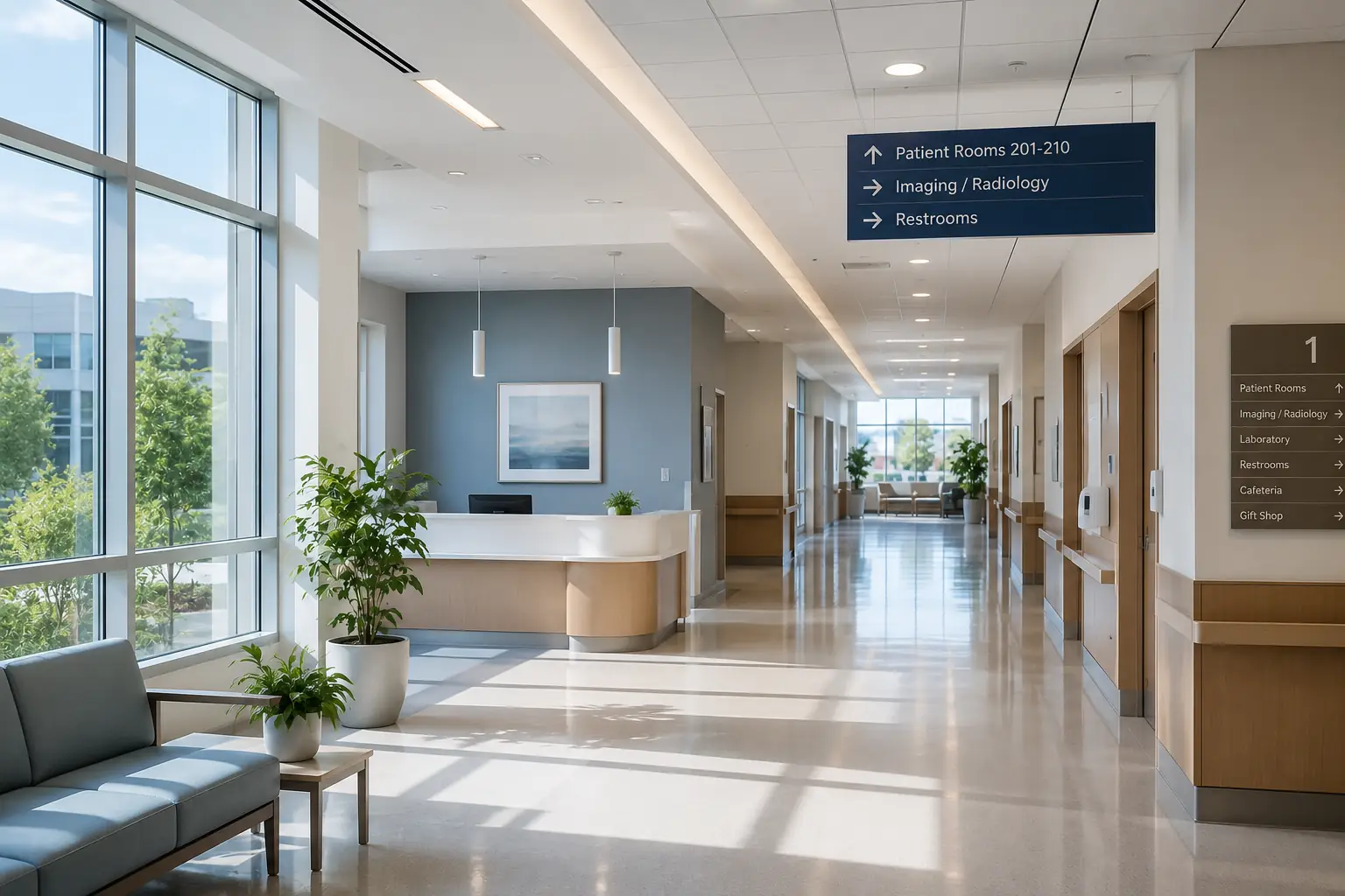 Bright hospital corridor with wayfinding signs pointing to patient rooms, imaging, and restrooms