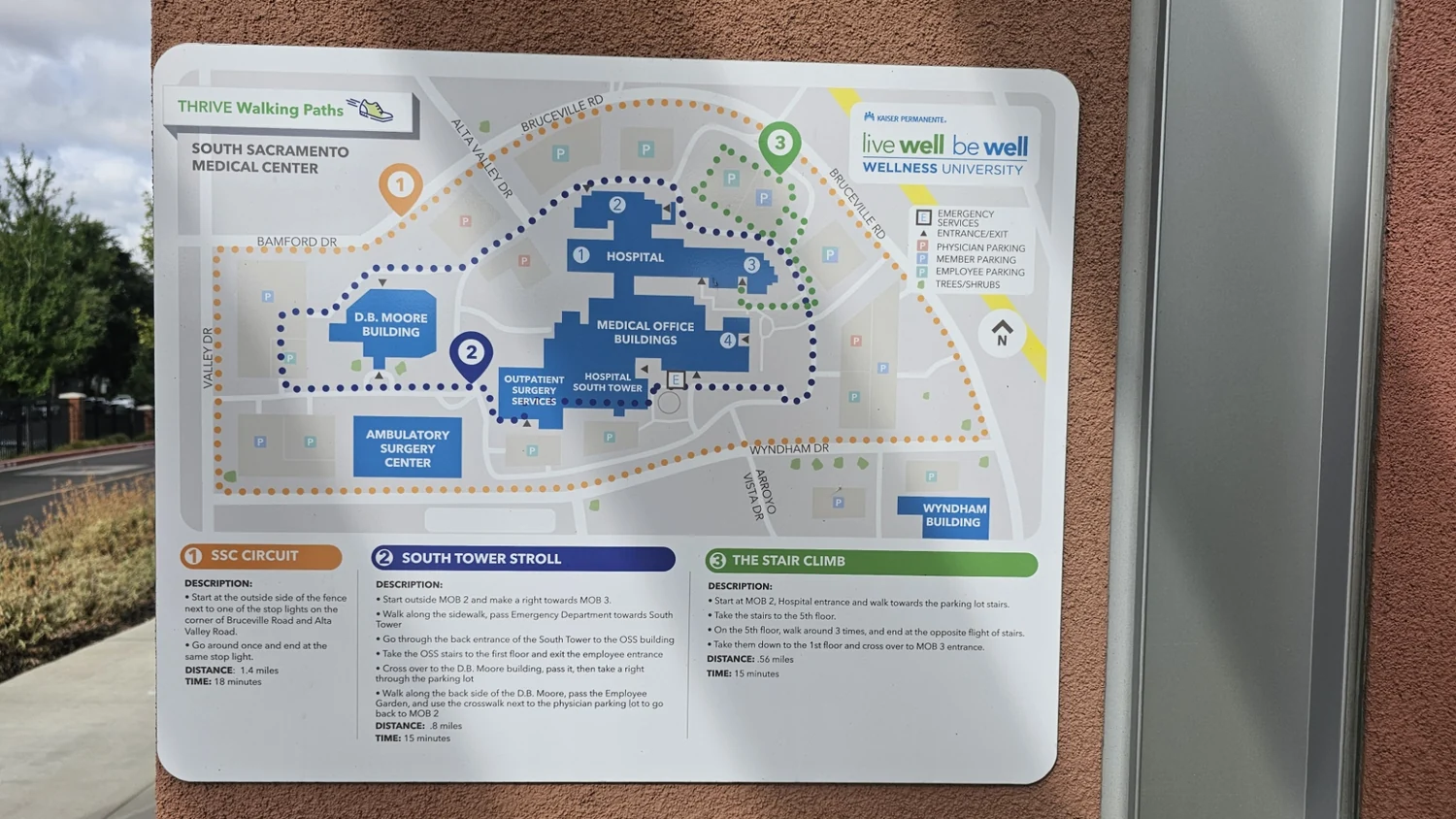 The campus map posted at Kaiser Permanente South Sacramento Medical Center, showing the hospital, the South Tower, the medical office buildings, the D.B. Moore and Wyndham buildings and the outpatient surgery center, bounded by Bruceville Road, Bamford Drive and Wyndham Drive