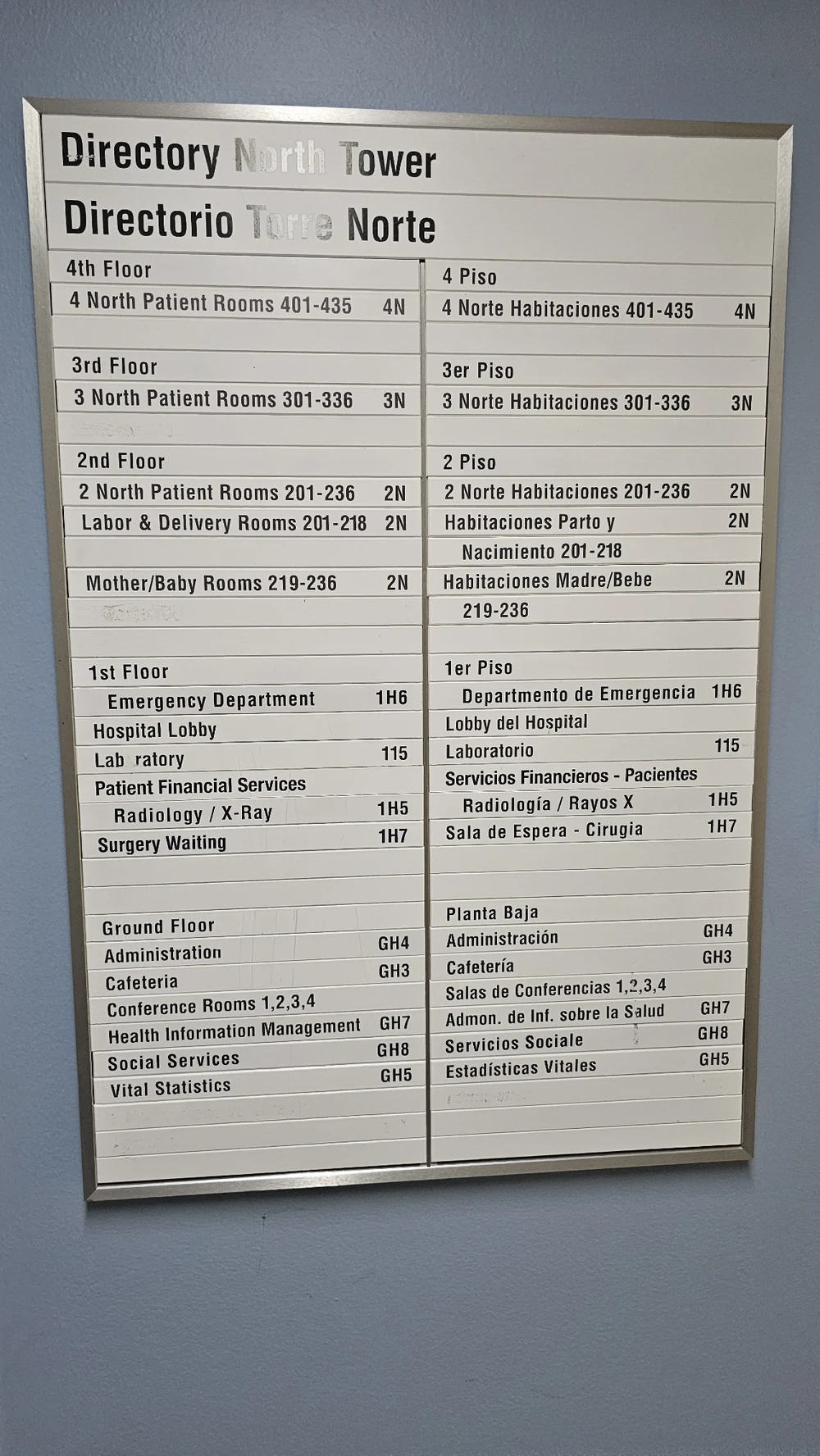 The North Tower directory at Kaiser Permanente South Sacramento, in English and Spanish: 4th floor patient rooms 401-435; 3rd floor patient rooms 301-336; 2nd floor patient rooms 201-236, Labor and Delivery rooms 201-218 and Mother/Baby rooms 219-236; 1st floor Emergency Department, hospital lobby, laboratory, patient financial services, radiology and surgery waiting; ground floor administration, cafeteria, conference rooms, health information management, social services and vital statistics.