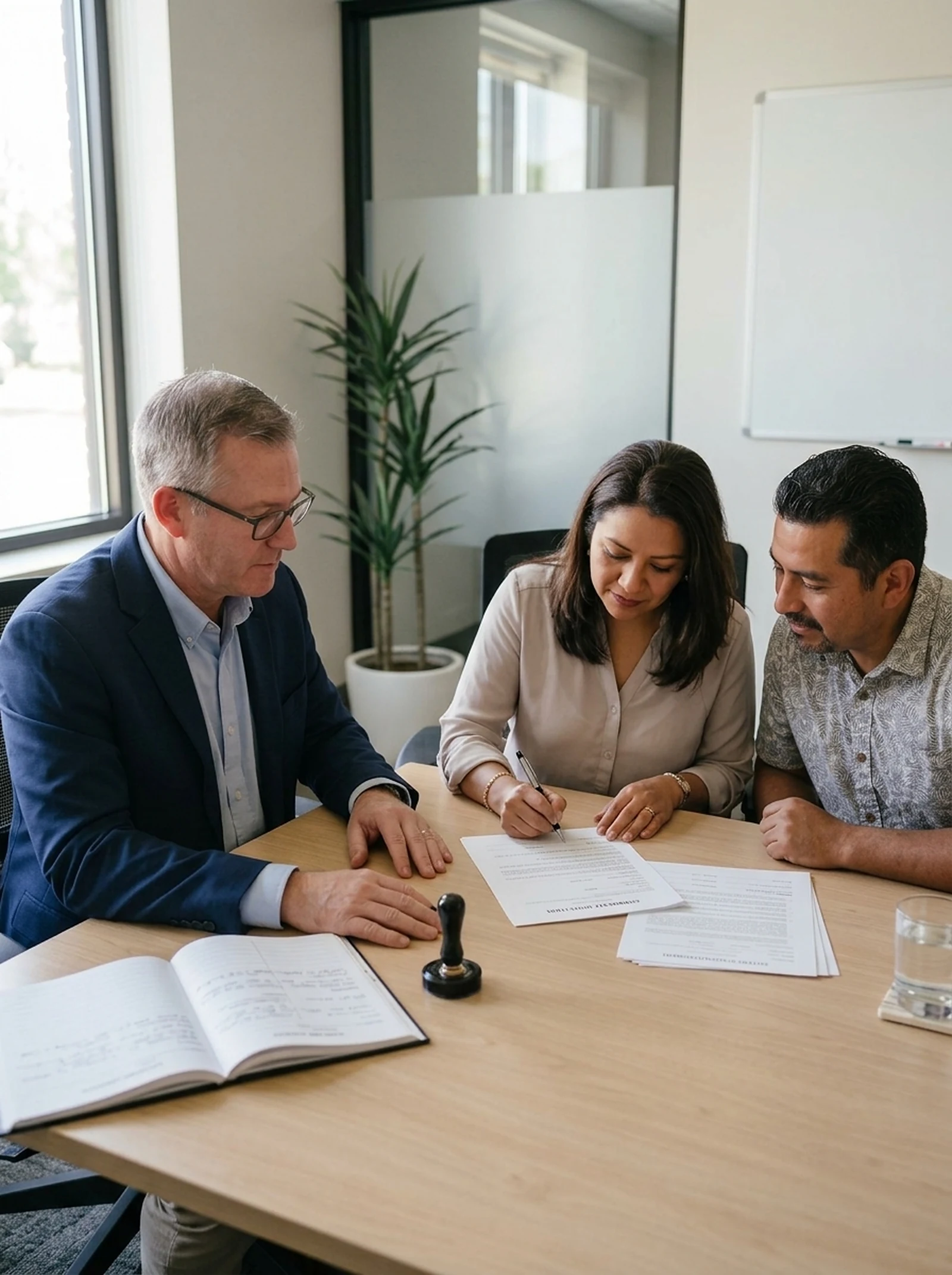 Mobile notary at a Sacramento business office watching a company owner sign corporate documents