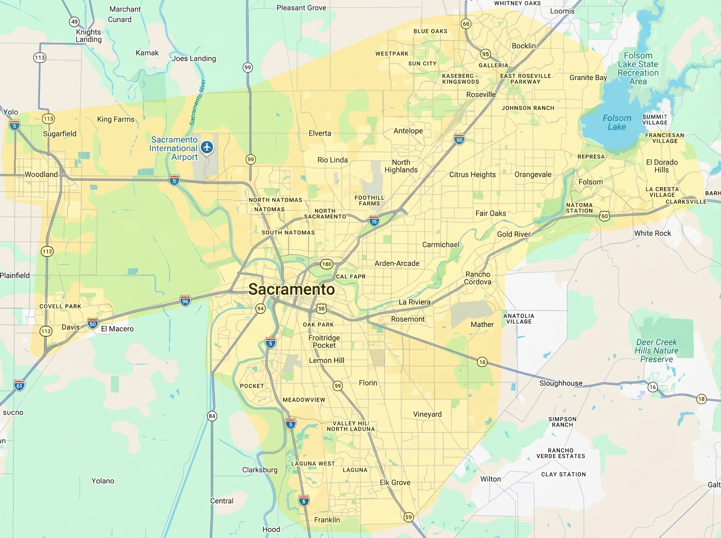 SacTown Mobile Notary service area map — covering Sacramento, Elk Grove, Folsom, Rocklin, Davis, Woodland and surrounding cities