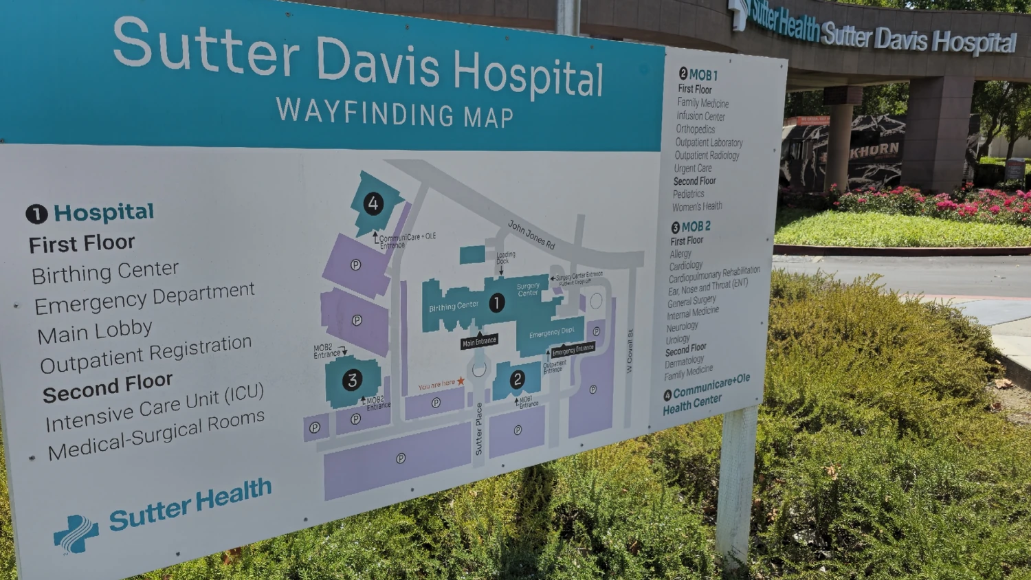 The wayfinding map posted at Sutter Davis Hospital, listing the Birthing Center, Emergency Department, Main Lobby and Outpatient Registration on the first floor and the Intensive Care Unit and medical-surgical rooms on the second