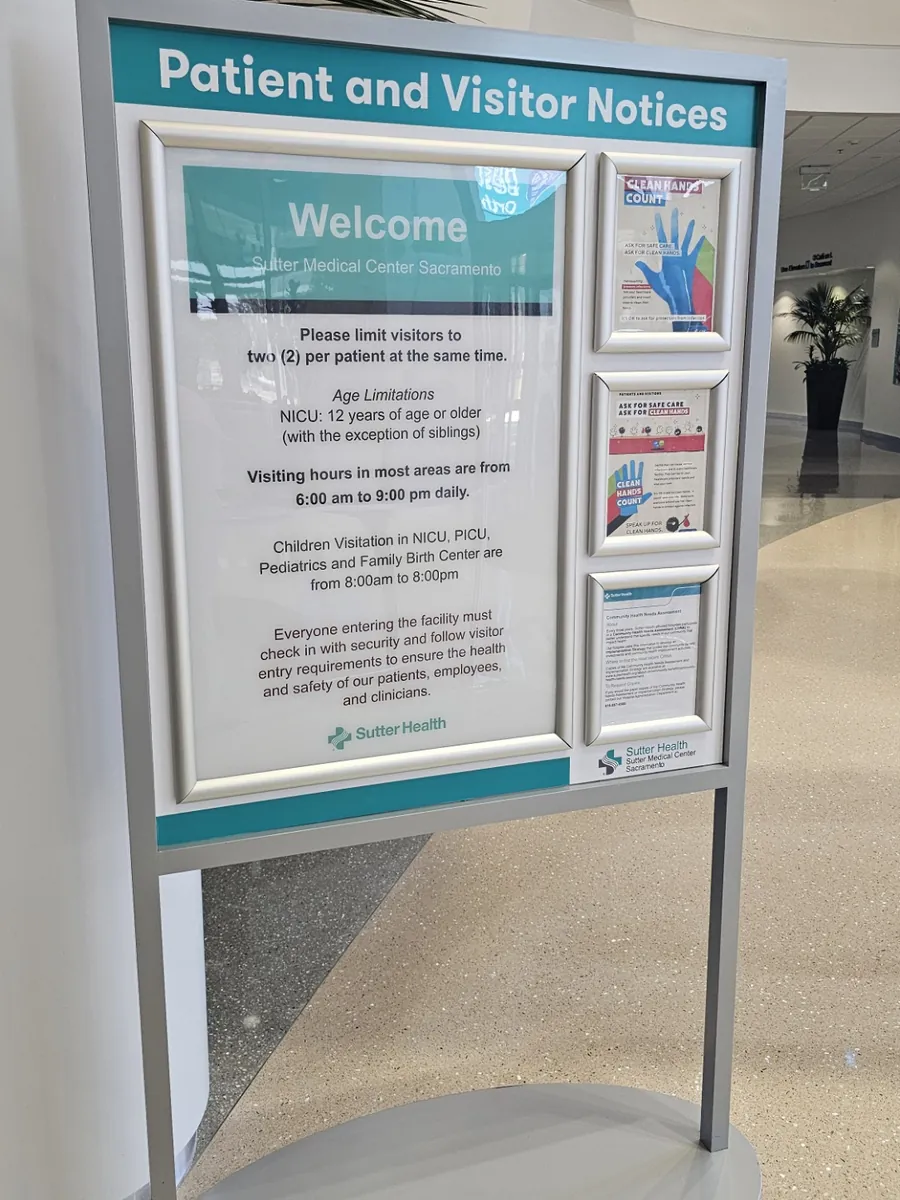 The patient and visitor notice board inside the main lobby at Sutter Medical Center Sacramento