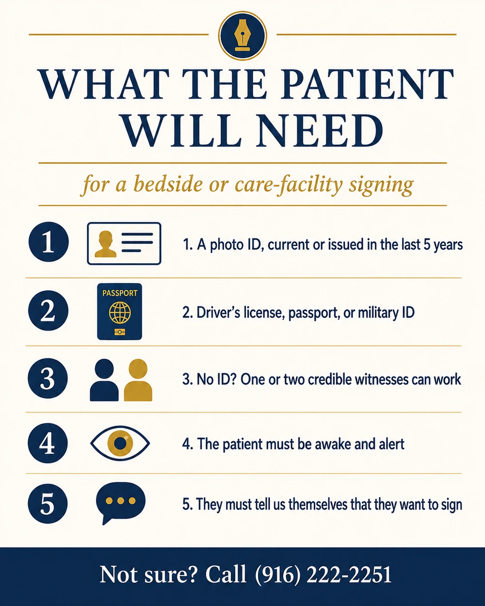 What the patient will need for a bedside or care-facility notary signing: a photo ID that is current or was issued in the last 5 years; a driver's license, passport, or military ID; if there is no ID, one or two credible witnesses can work; the patient must be awake and alert; and they must tell us themselves that they want to sign.